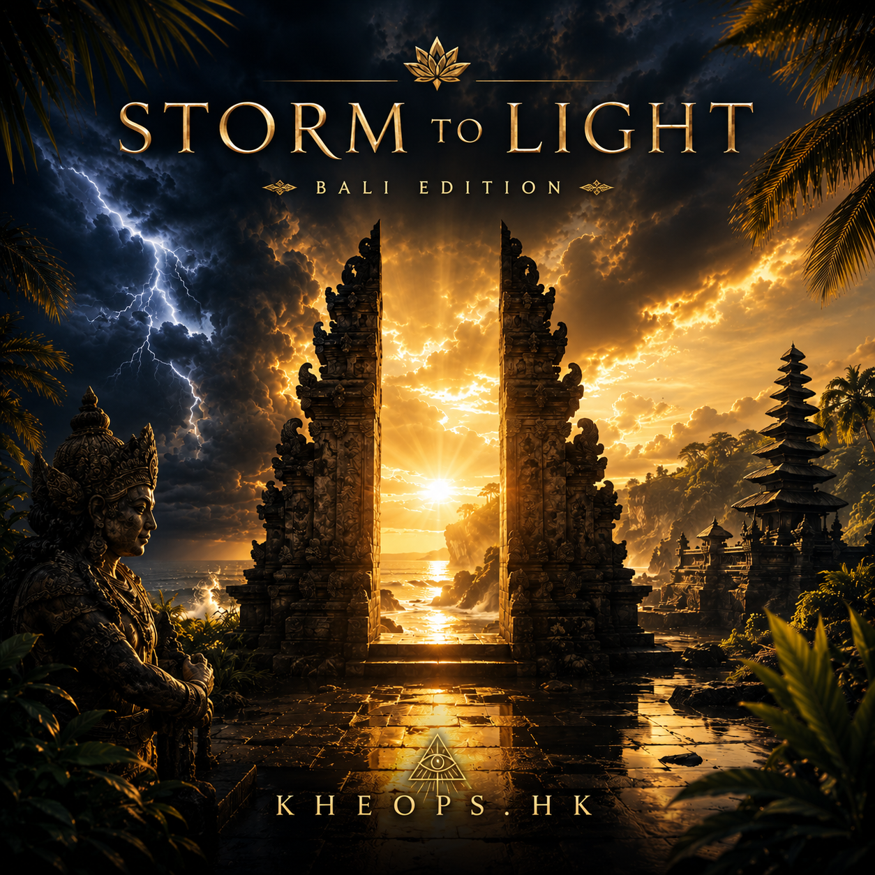 Official album cover of Storm To Light — Bali Edition by Kheops.hk: storm clouds and lightning parting over golden light between Balinese temple gates