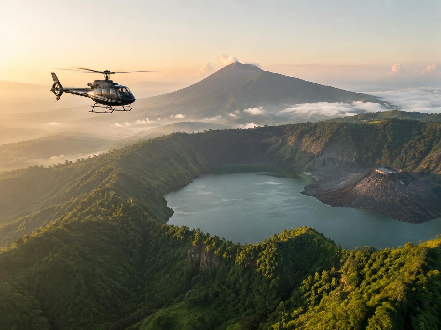 A helicopter above a volcanic crater lake in Bali