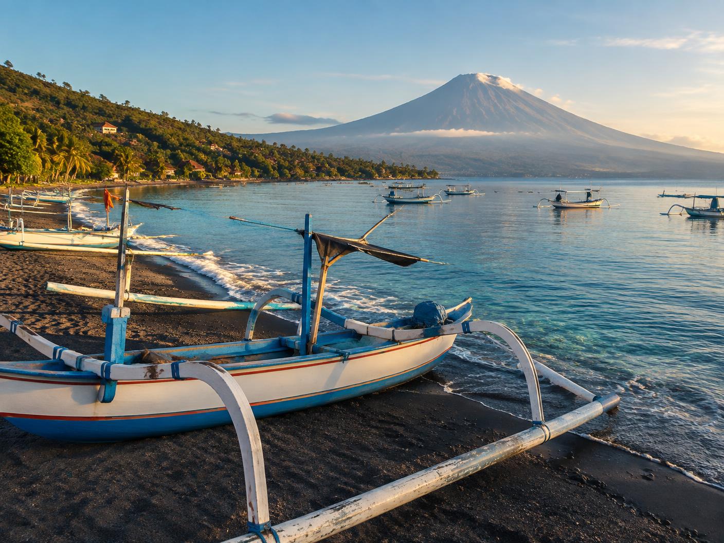 Traditional fishing boats on Amed's volcanic shore